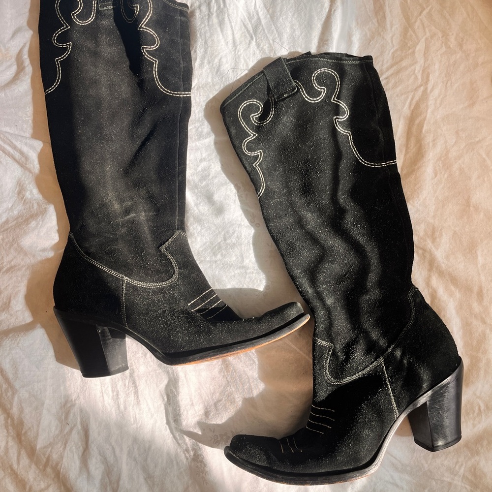 Via Spiga Black Heeled Boots with White Stitching
